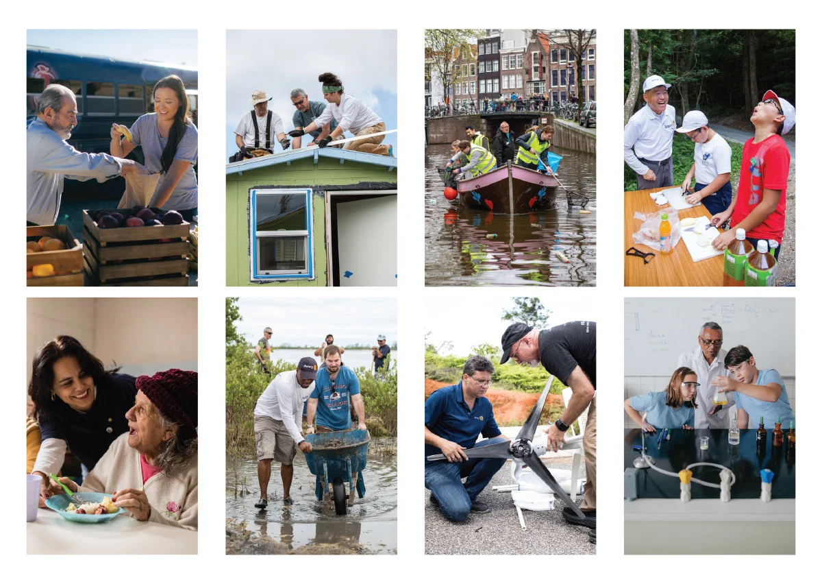 Rotary participants supporting communities through food, education, construction and environmental service.